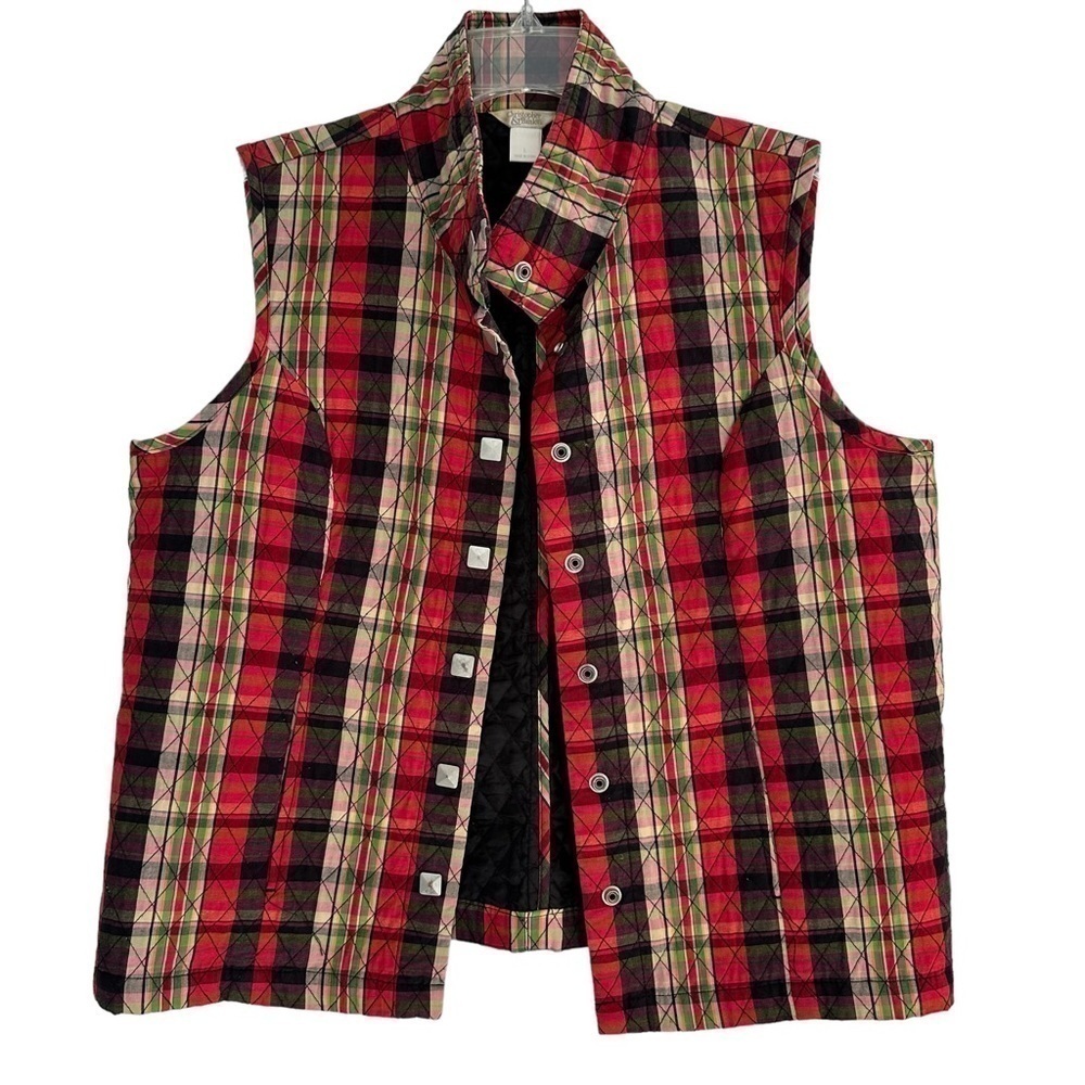 Vintage Christopher & Banks Red Pink Plaid Quilted Vest Waistcoat, Large